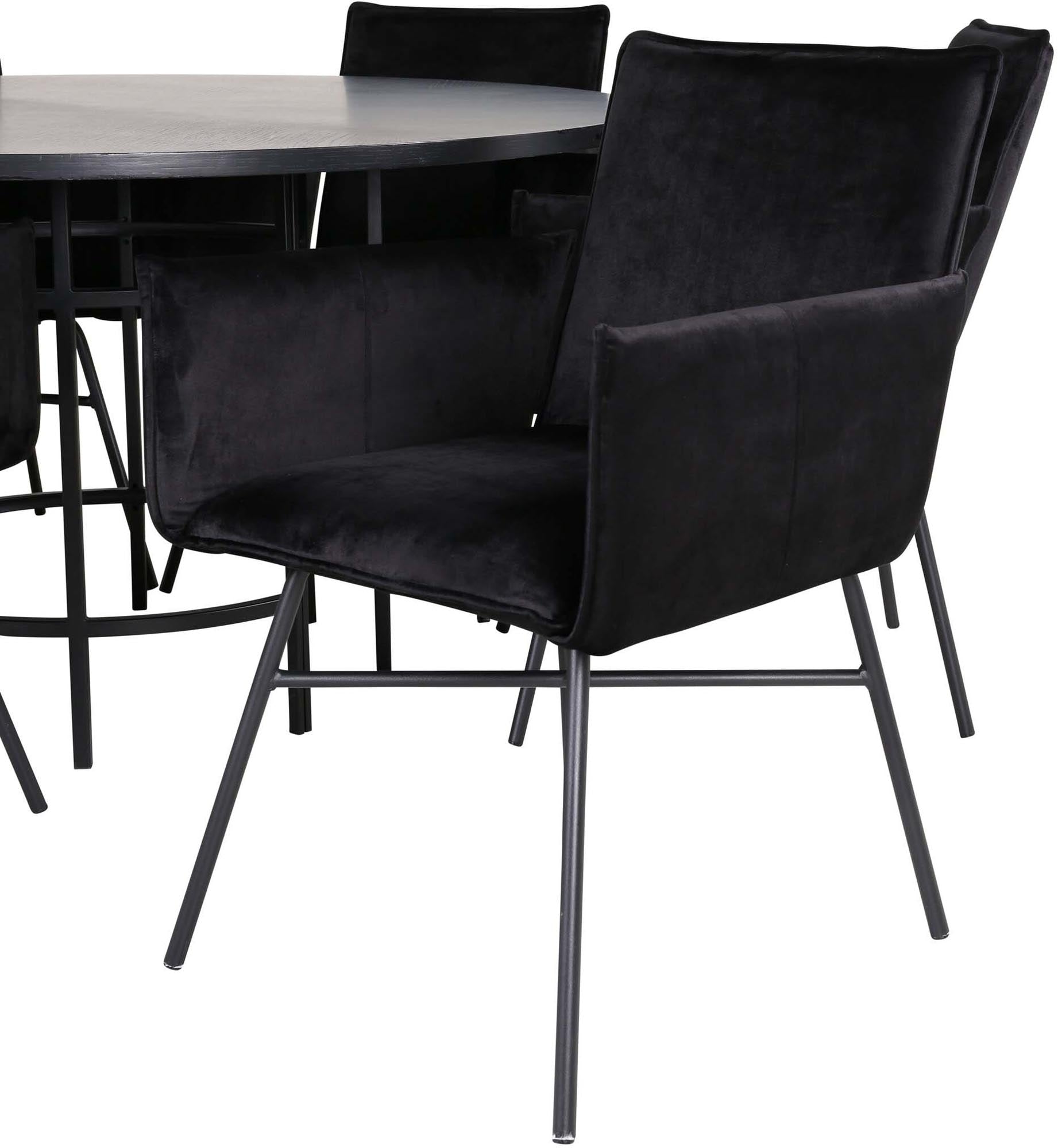 Stilvolles Esszimmerset für 6 Personen mit runden Tisch (140 cm) und komfortablen Samtstühlen. Perfekt für festliche Anlässe und gemütliche Mahlzeiten.