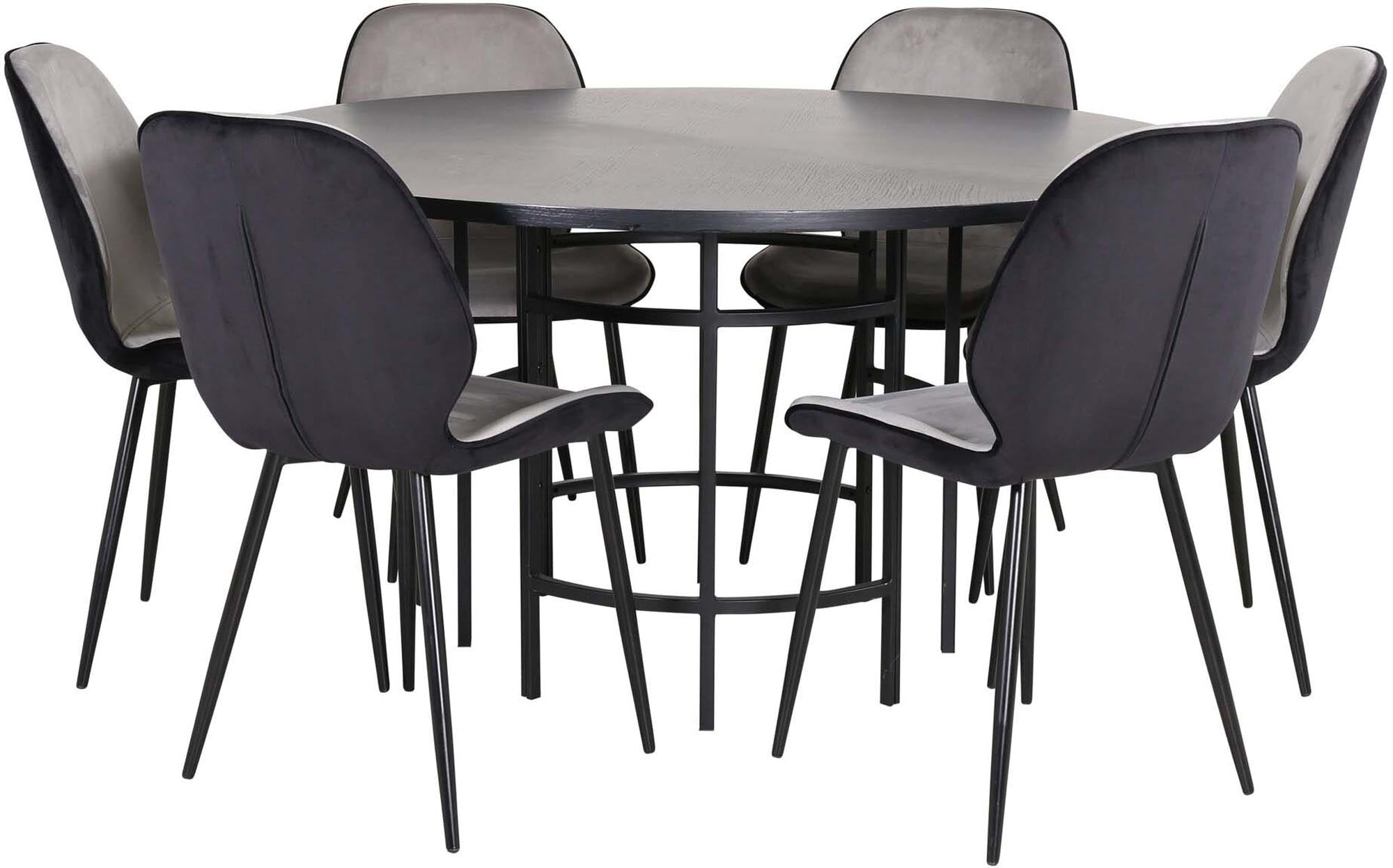 Entdecken Sie das stilvolle Esszimmerset Copenhagen + Emma von Venture Home. Eleganter runder Tisch und bequeme Samtstühle für Ihr Esszimmer.