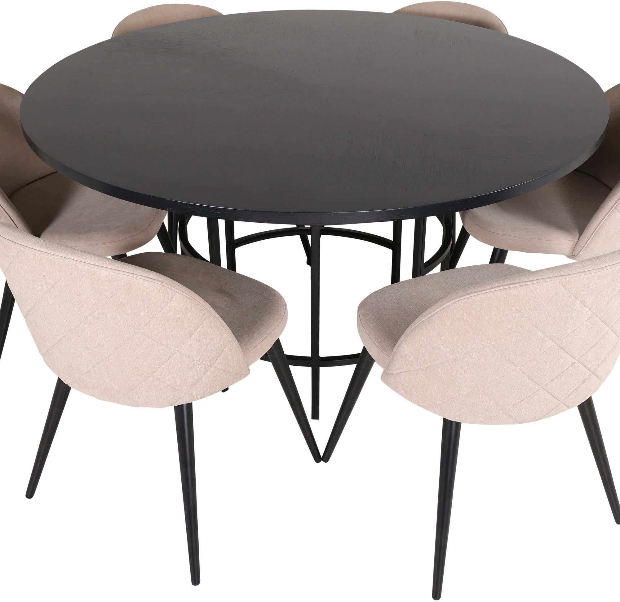 Elegantes Esszimmerset Copenhagen + Velvet für 6 Personen, runder Tisch mit 140 cm Durchmesser, stilvolle Stühle für höchsten Komfort.