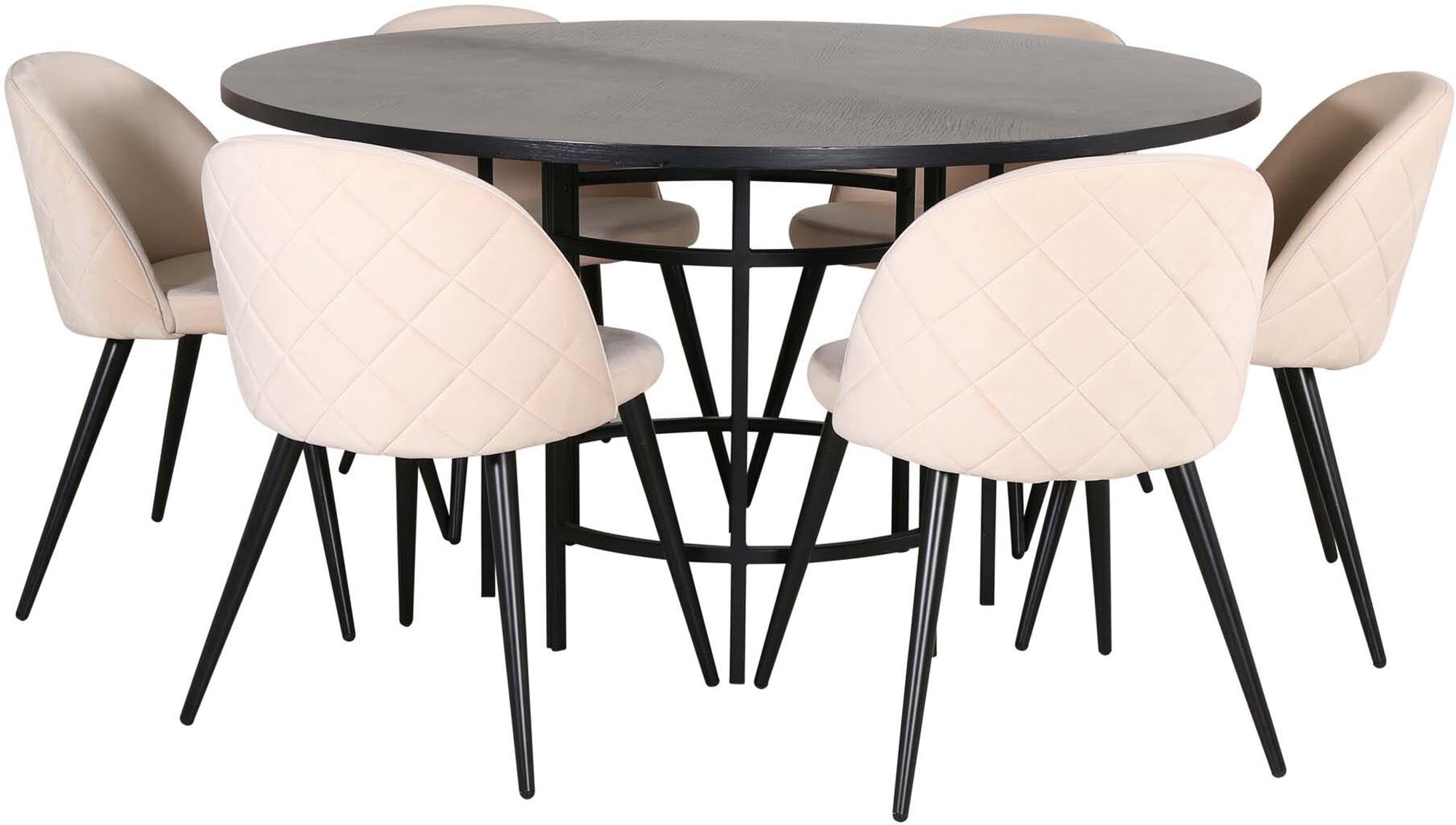 Stilvolles Esszimmerset Copenhagen + Velvet, runder Tisch ⌀140cm für 6 Personen, luxuriöse Stühle für höchsten Sitzkomfort.