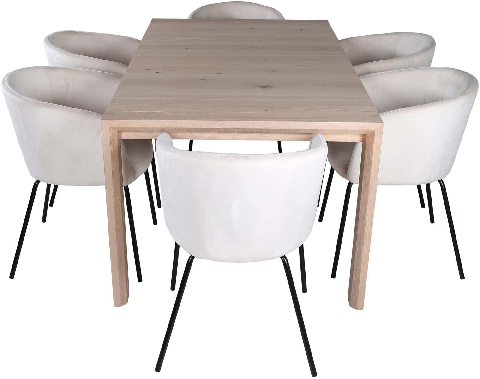 Elegantes, ausziehbares Esszimmerset mit 6 bequemen Stühlen in Samt. Ideal für gesellige Abende und festliche Anlässe.