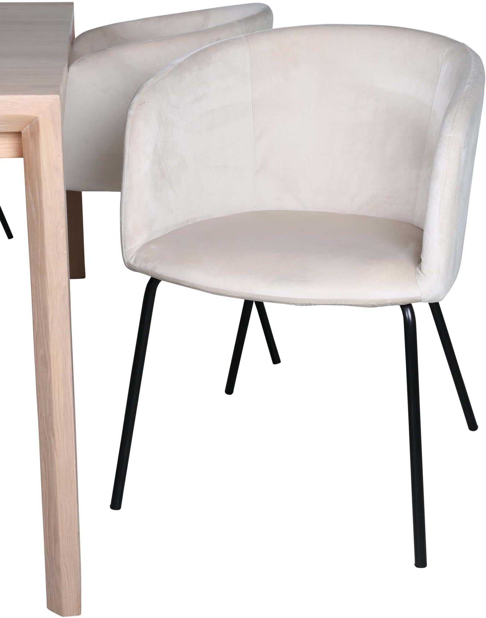 Entdecken Sie das stilvolle Slider Esszimmerset von Venture Home: Ausziehbarer Tisch (170-250 cm) und 6 elegante Berit Stühle in beigem Samt.