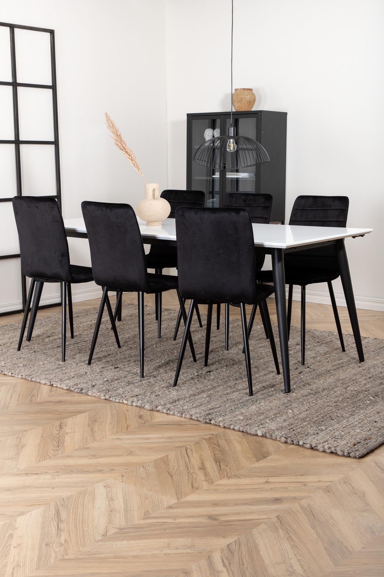 Elegantes Jimmy Esszimmerset: Ausziehbarer Tisch mit skandinavischem Design und 6 luxuriösen Windu-Stühlen aus Samt für gesellige Abende.