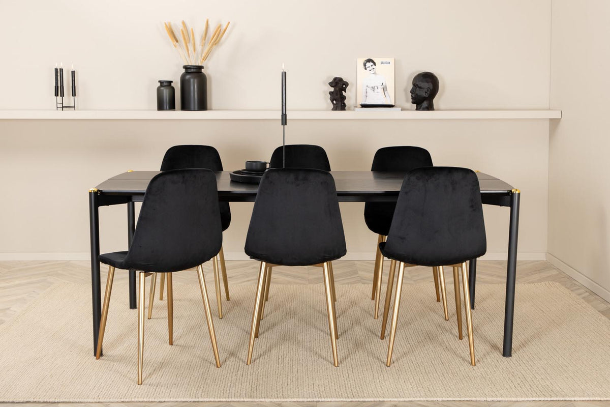Esszimmerset Pelle mit schwarzem MDF-Tisch, Furnier-Oberfläche, Eisenbeinen mit Messingknospen und sechs Polar-Stühlen mit Samtbezug.