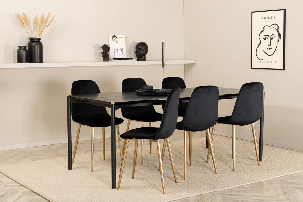 Esszimmerset Pelle mit schwarzem MDF-Tisch, Furnier-Oberfläche, Eisenbeinen mit Messingknospen und sechs Polar-Stühlen mit Samtbezug.