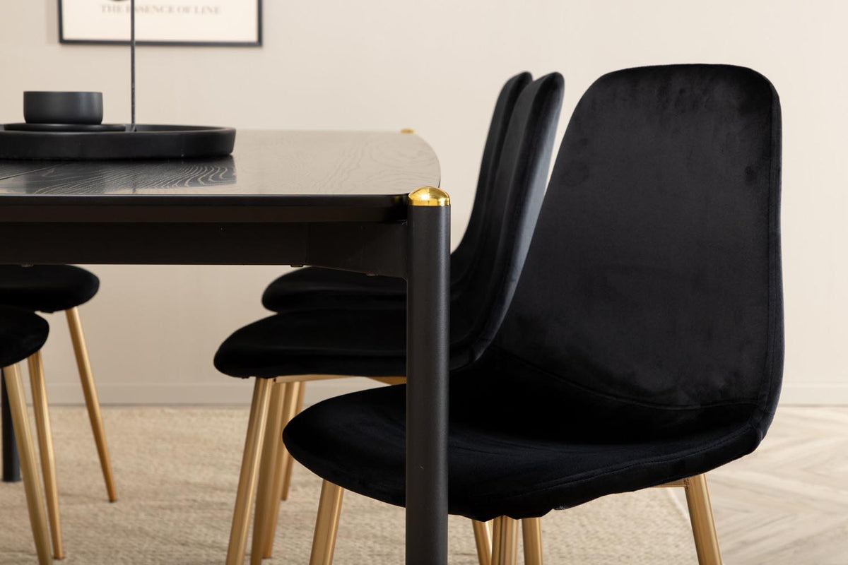 Esszimmerset Pelle mit schwarzem MDF-Tisch, Furnier-Oberfläche, Eisenbeinen mit Messingknospen und sechs Polar-Stühlen mit Samtbezug.