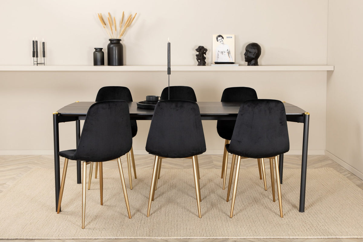 Esszimmerset Pelle mit schwarzem MDF-Tisch, Furnier-Oberfläche, Eisenbeinen mit Messingknospen und sechs Polar-Stühlen mit Samtbezug.
