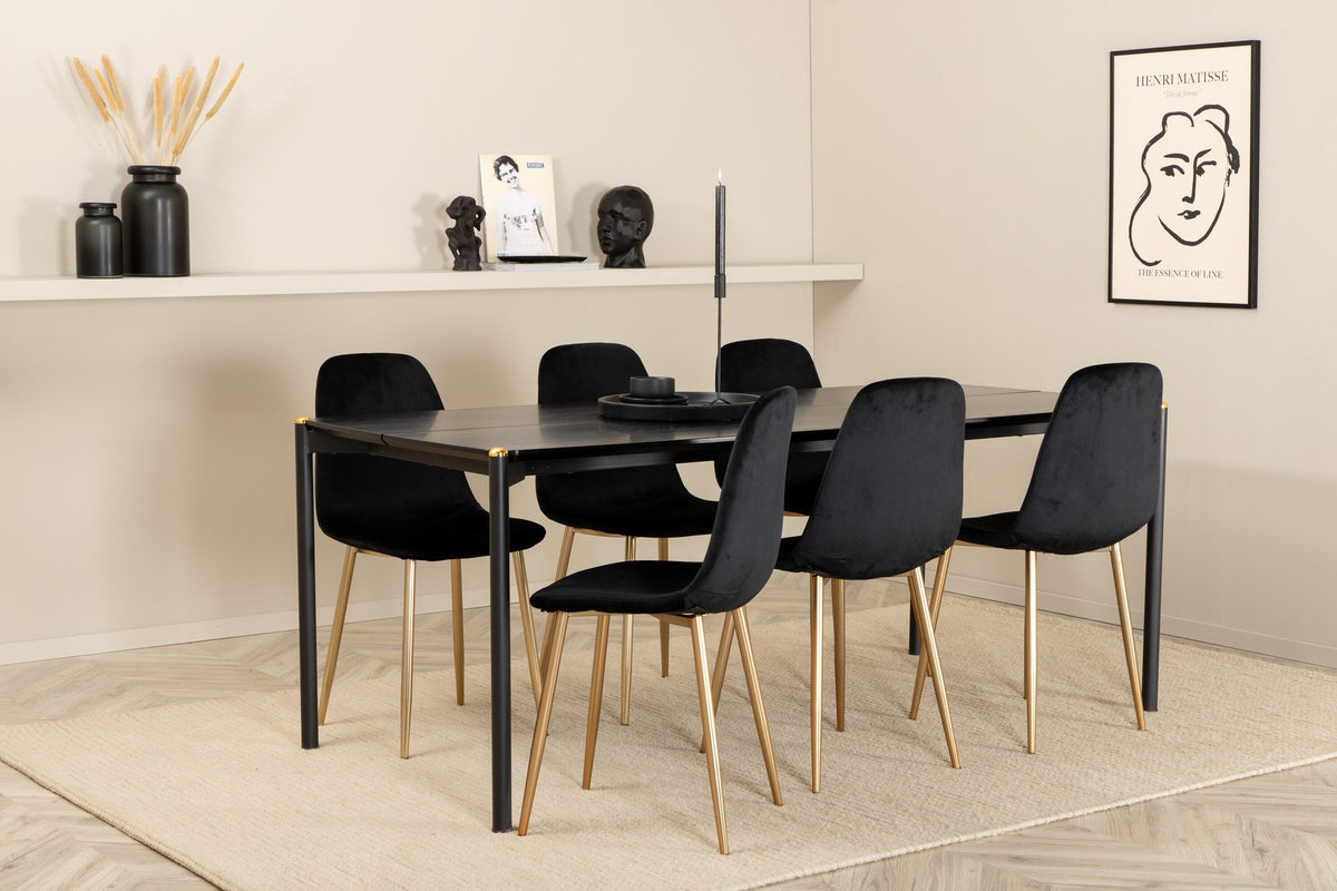 Esszimmerset Pelle mit schwarzem MDF-Tisch, Furnier-Oberfläche, Eisenbeinen mit Messingknospen und sechs Polar-Stühlen mit Samtbezug.