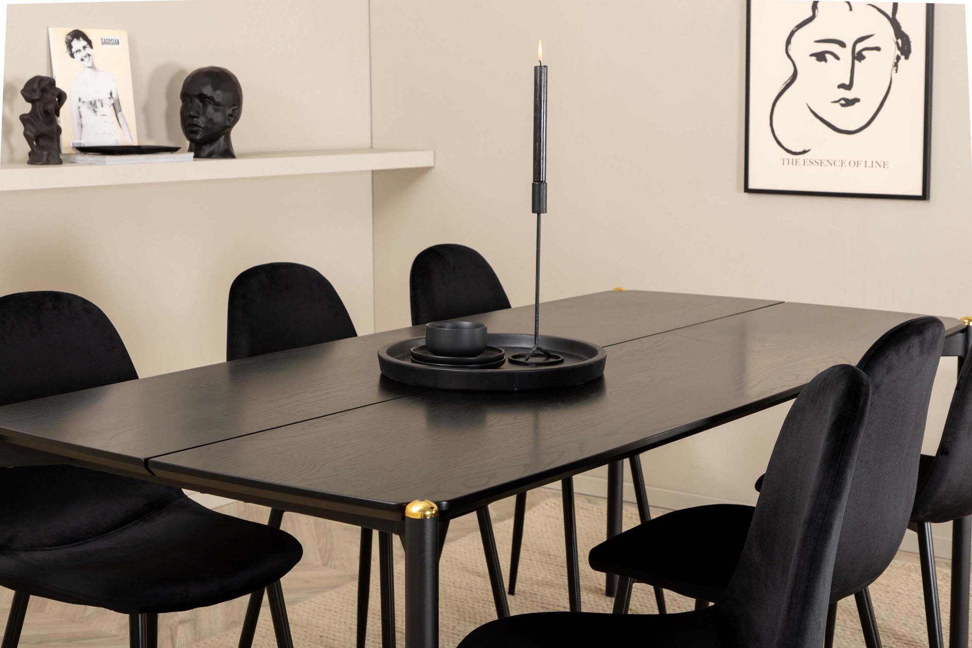 Elegantes Pelle Esszimmerset mit 190cm Tisch und 6 komfortablen Polar-Stühlen aus Samt, ideal für moderne Wohnräume.