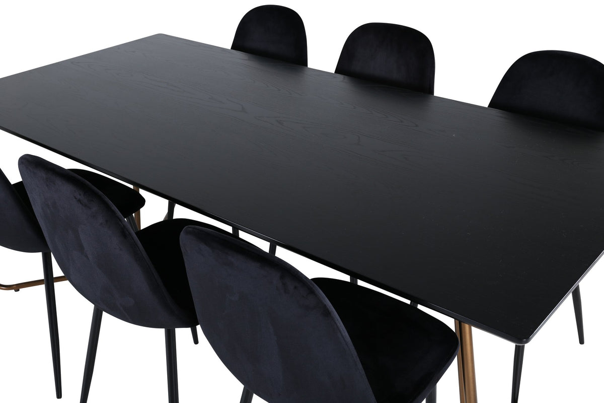 Esszimmerset Petra + Polar: schwarzer Tisch mit MDF-Furnierplatte auf Stahlbeinen, sechs Stühle mit Samt-Sitzkissen und Bugholzbeinen.