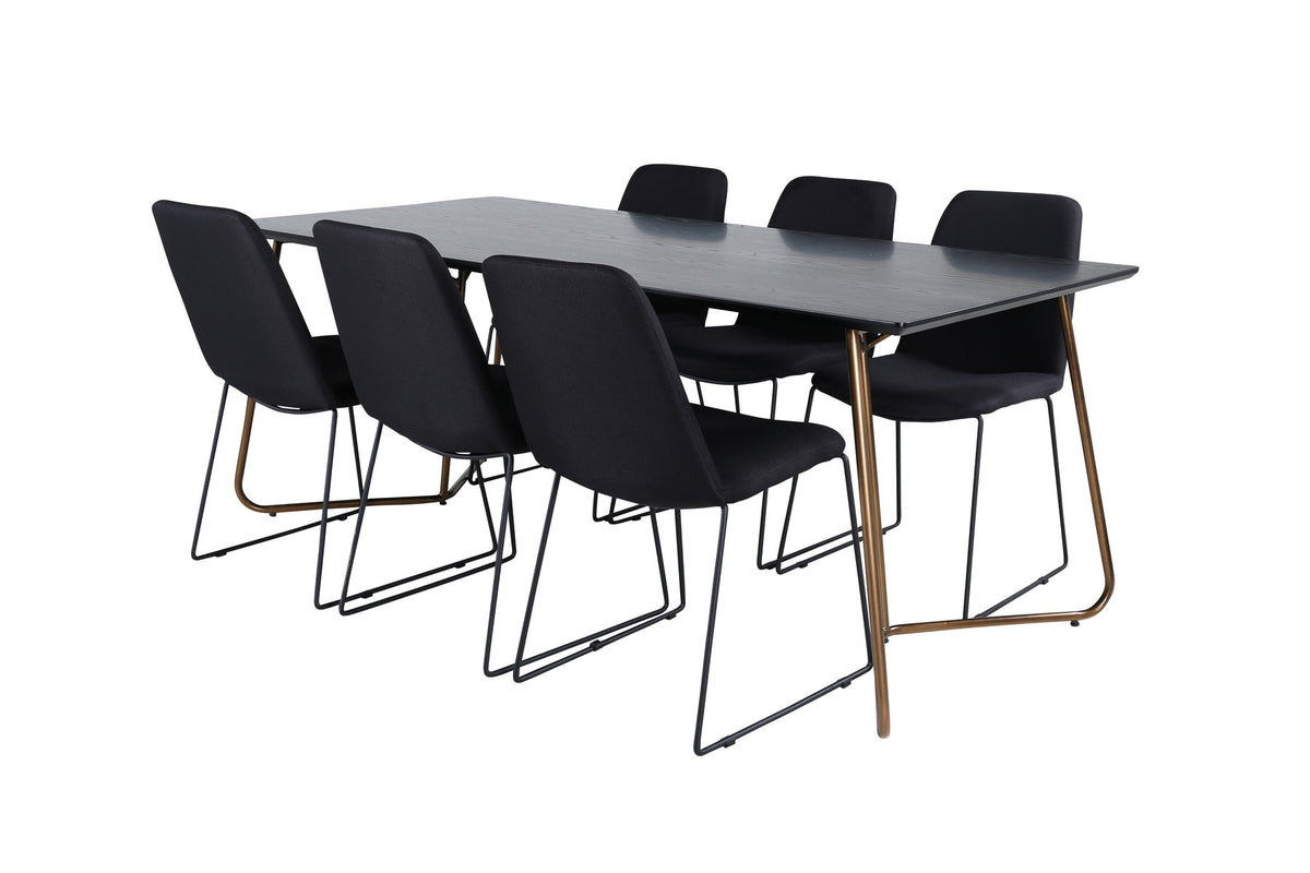 Schwarzes Esszimmerset Petra von Venture Home: Esstisch mit Tischplatte aus MDF und Furnier sowie sechs Stühle Muce mit Stahlbeinen.