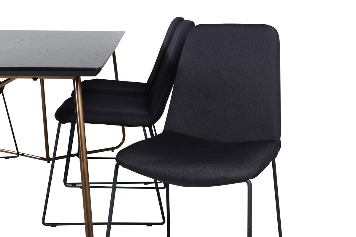 Schwarzes Esszimmerset Petra von Venture Home: Esstisch mit Tischplatte aus MDF und Furnier sowie sechs Stühle Muce mit Stahlbeinen.