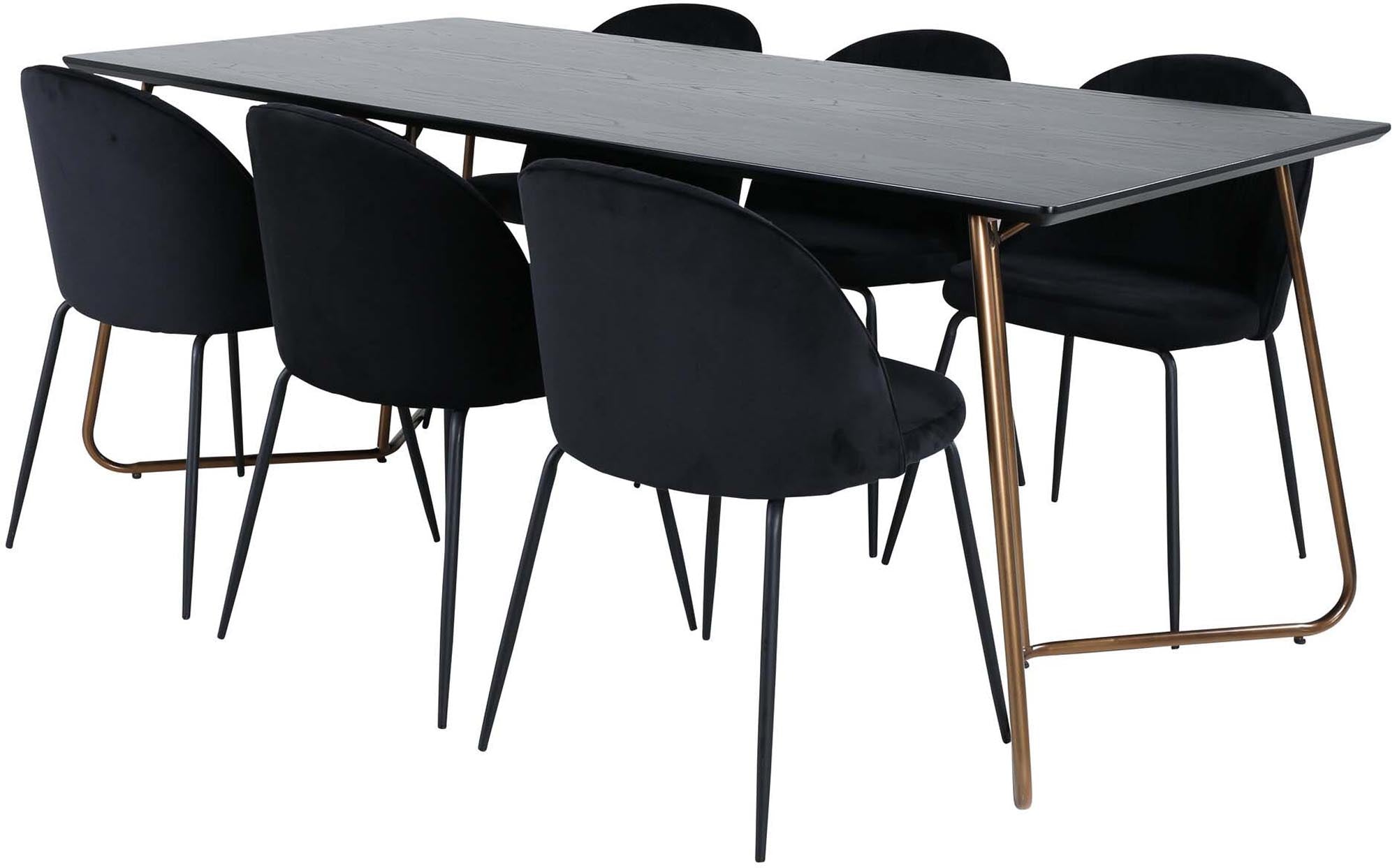 Entdecke das stilvolle Esszimmerset Petra mit 6 Wrinkles-Stühlen aus schwarzem Samt. Modernes Design, Komfort und skandinavische Eleganz für dein Zuhause.