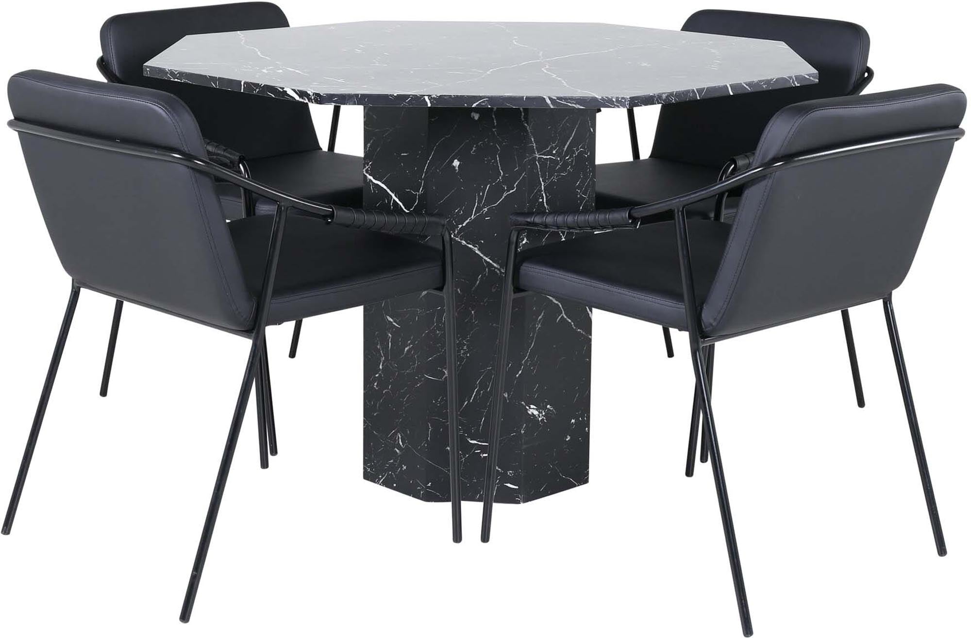 Stilvolles Esszimmerset: Achteck-Tisch mit Marmorglas, 4 Kunstleder-Stühle, ideal für moderne Esszimmer. Eleganz trifft Komfort.