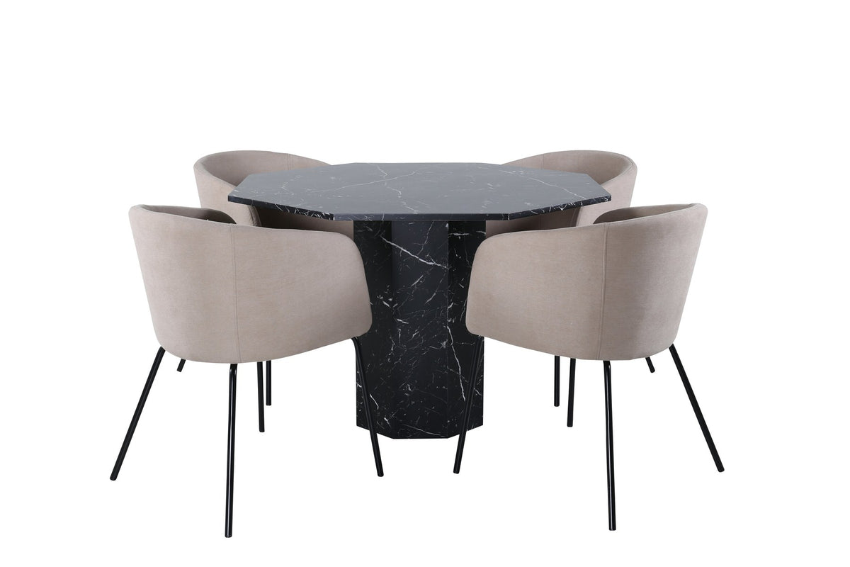 Rundes Esszimmerset Marbs mit schwarzer Glasmarmor-Tischplatte, MDF-Tischbein und vier Berit-Stühlen mit beigem Samtbezug und schwarzen Stahlbeinen