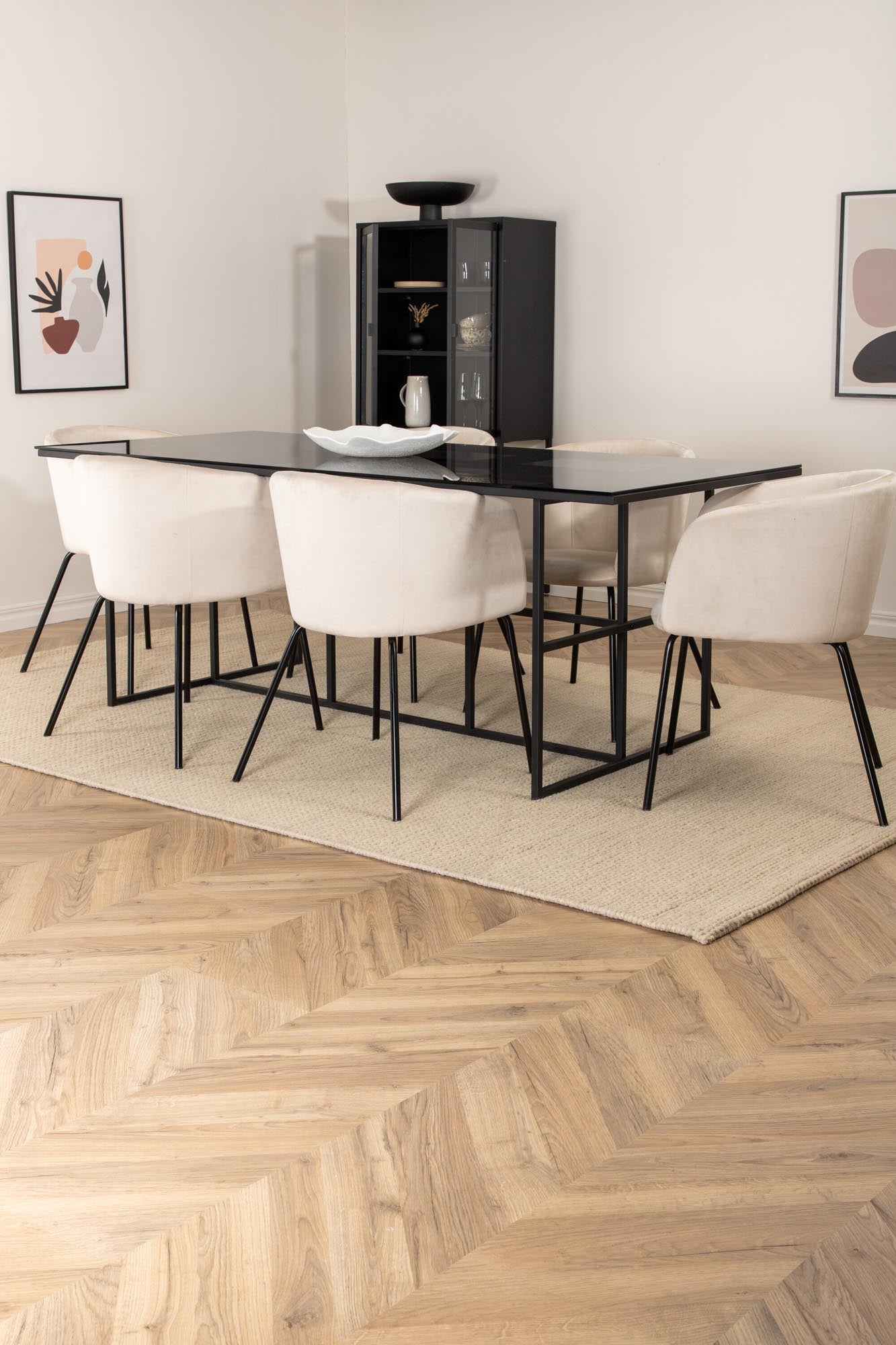 Modernes Leif Esszimmerset 200cm mit 6 beigen Berit Stühlen. Stilvolles Design, pflegeleichte Oberflächen und Komfort für gesellige Abende.