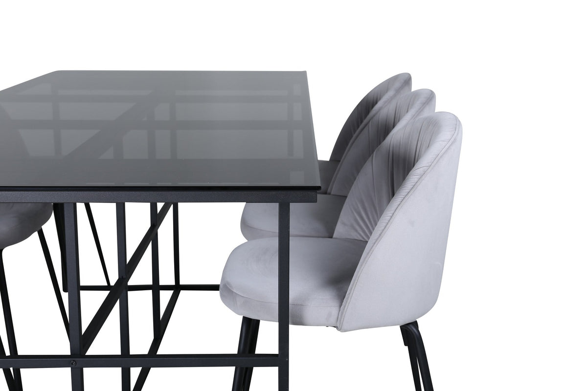 Esszimmerset von Venture Home: rechteckiger Glastisch 200x90cm mit schwarzem Stahlgestell und zwei Stühlen mit grauem Samtbezug und schwarzen Metallbeinen.