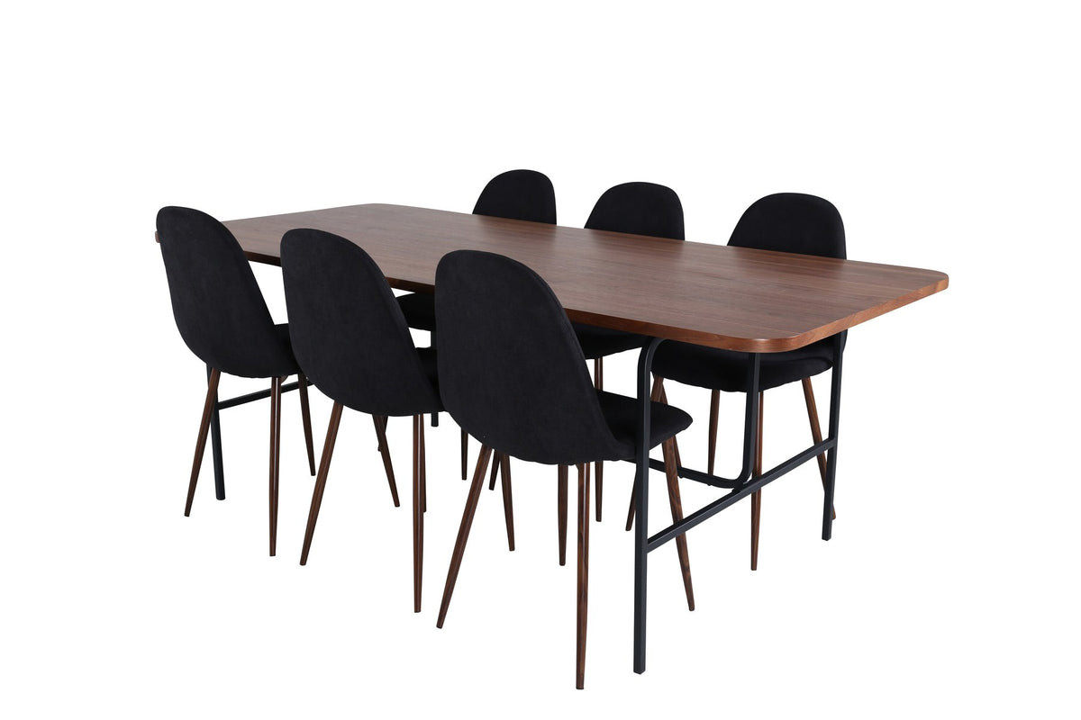 Rechteckiger Esstisch mit Nussbaum-Furnierplatte aus MDF und schwarzem Stahluntergestell, umgeben von sechs gepolsterten Polar Stühlen mit schwarzem Polyesterbezug.