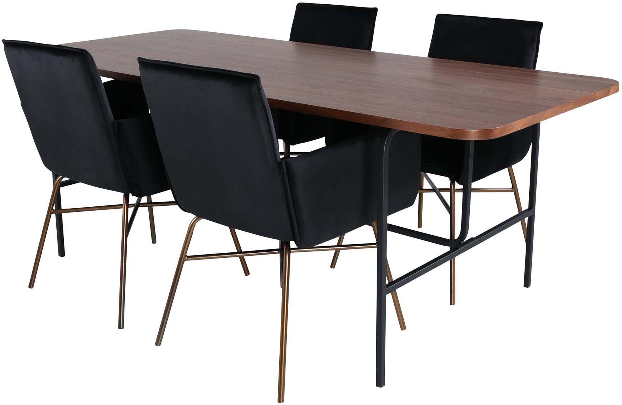 Stilvolles Uno Esszimmerset mit 200 cm Tisch und 4 luxuriösen Samtstühlen. Perfekt für gesellige Abende und modernes Wohnen.