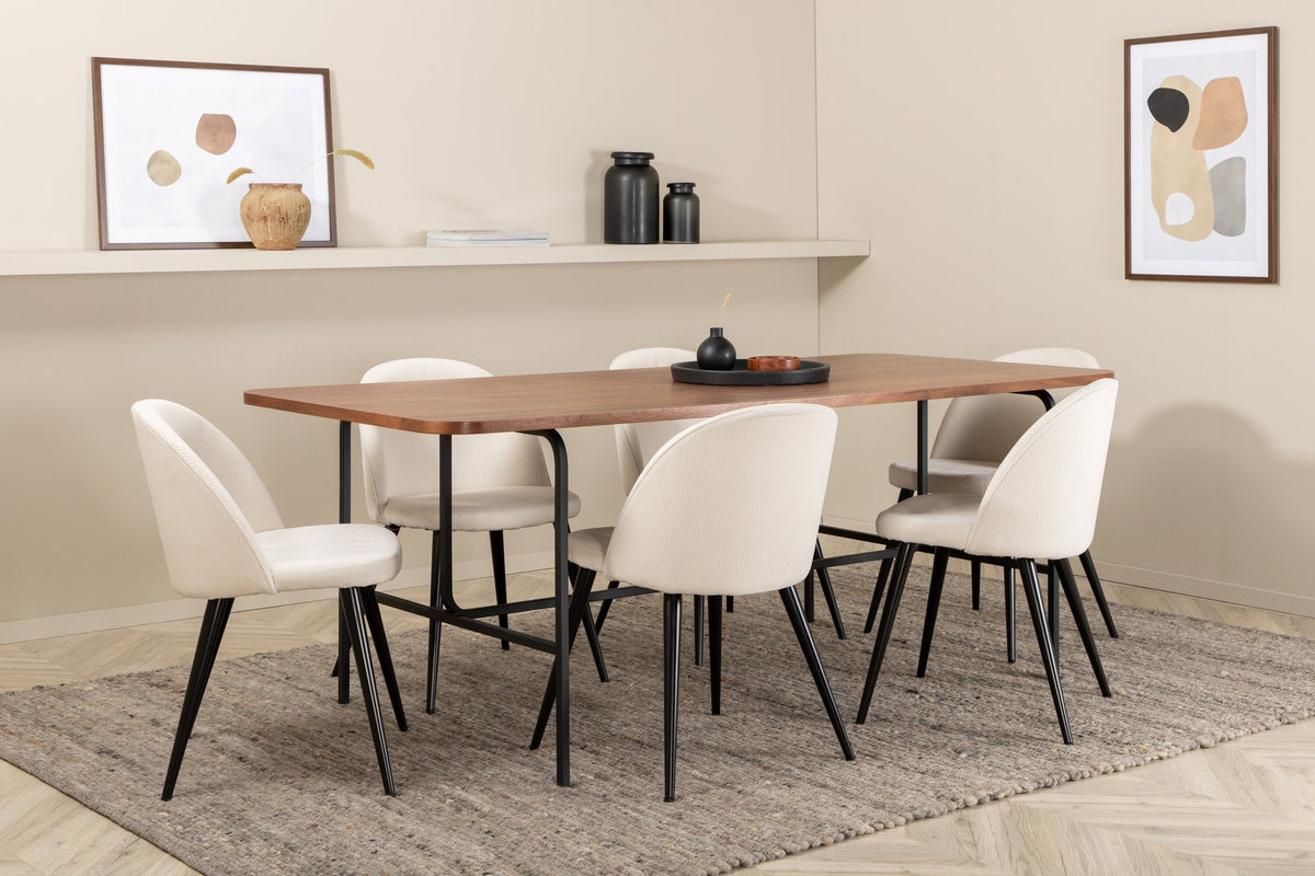 Rechteckiger Esstisch mit Nussbaum-MDF-Platte und Stahlgestell, kombiniert mit Esszimmerstühlen mit Creme Polyester-Cord-Bezug und Stahlbeinen.