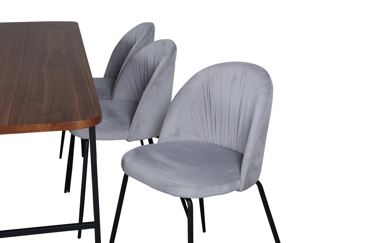 Esszimmerset Uno mit rechteckigem MDF-Tisch in Nussbaum-Furnier und schwarzem Stahlgestell, sechs Wrinkles Stühle mit grauem Samtbezug.