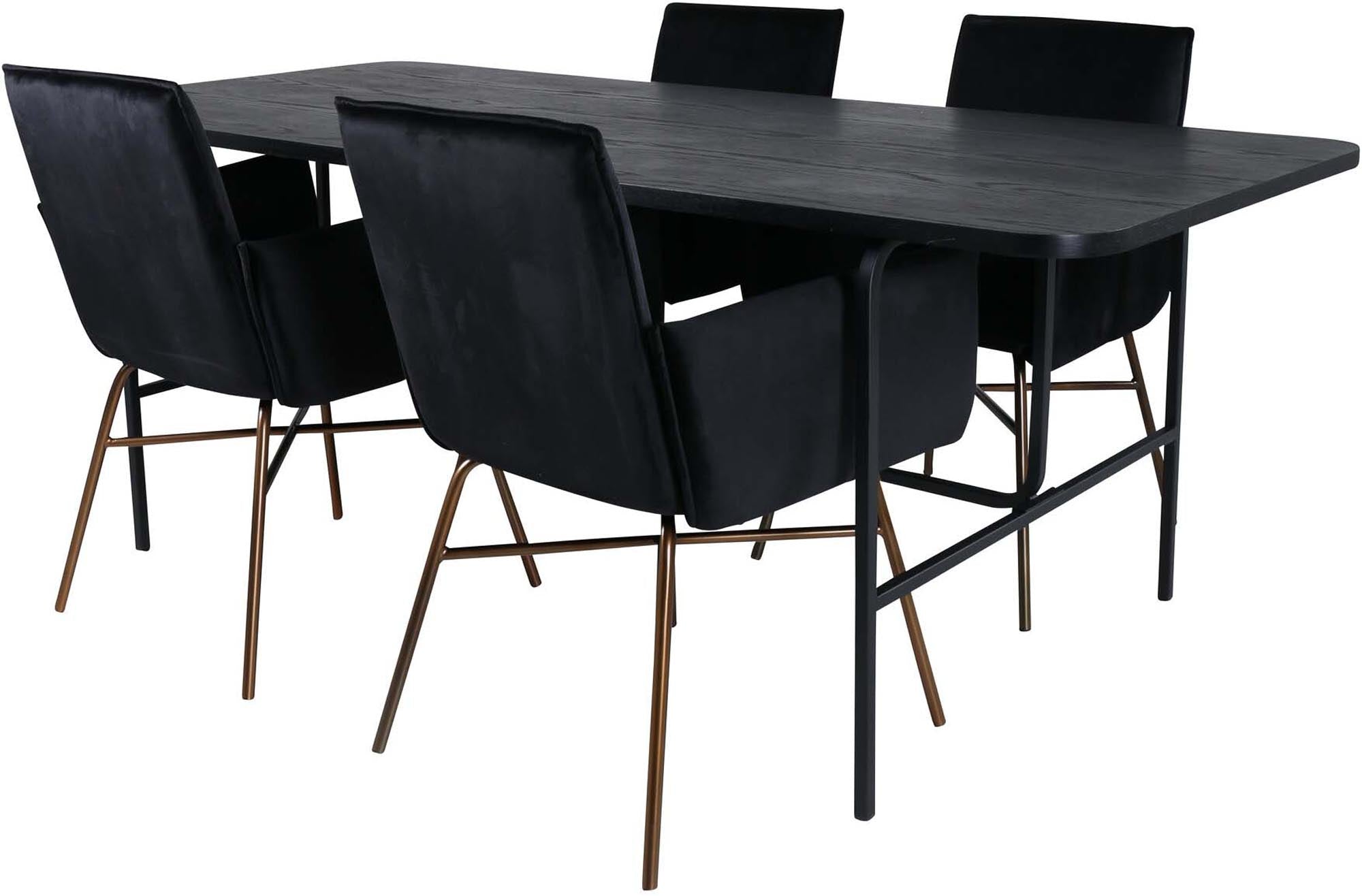 Stilvolles Uno Esszimmerset mit 200 cm Tisch und 4 luxuriösen Samtstühlen. Perfekt für gesellige Abende und modernes Wohnen.