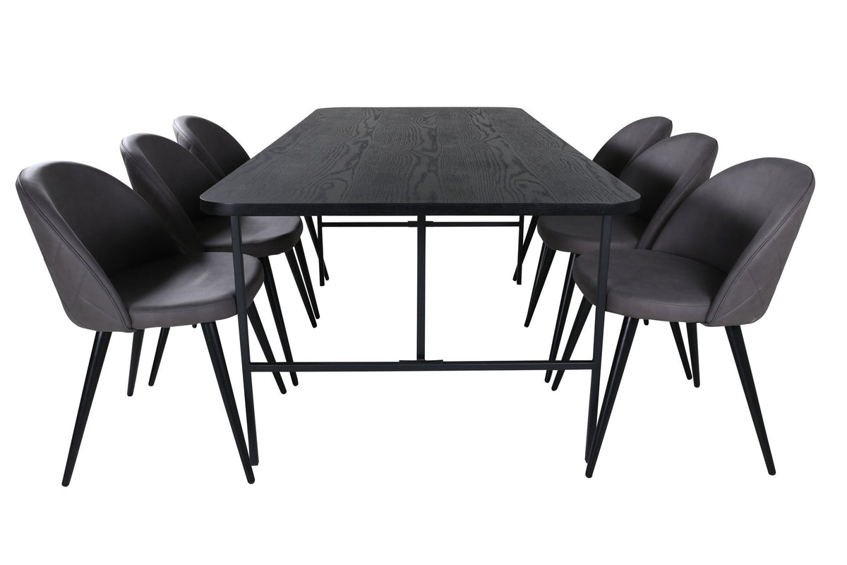 Esszimmerset Uno & Velvet: rechteckiger Esstisch mit schwarzer MDF-Furnier-Platte und Metallgestell, dazu Stühle mit grauem Samtbezug und Eisenbeinen.