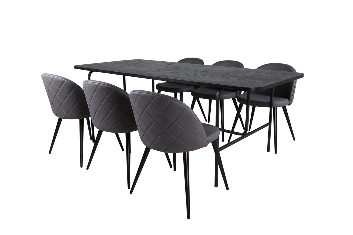 Esszimmerset Uno & Velvet: rechteckiger Esstisch mit schwarzer MDF-Furnier-Platte und Metallgestell, dazu Stühle mit grauem Samtbezug und Eisenbeinen.