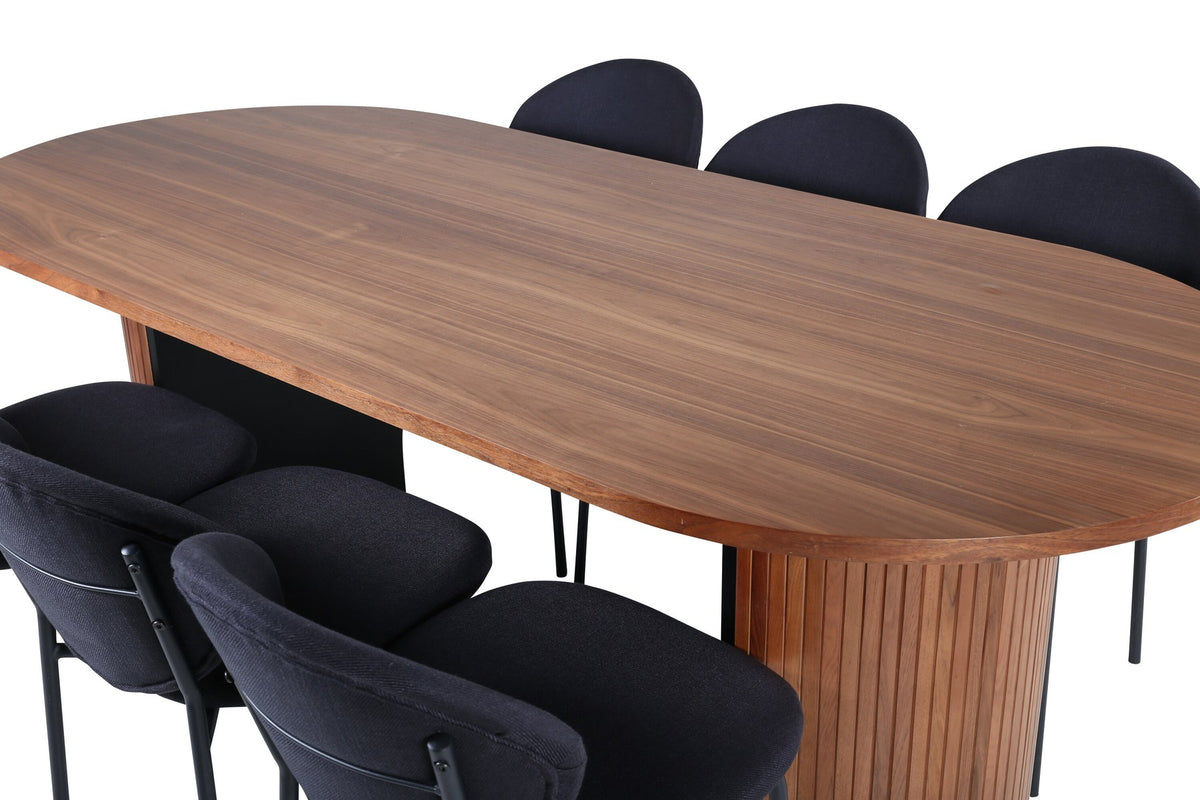 Ovaler Esstisch aus Nussbaum-MDF mit Furnier und Stahlbeinen, dazu zwei schwarze Polsterstühle mit Metallbeinen im Set.