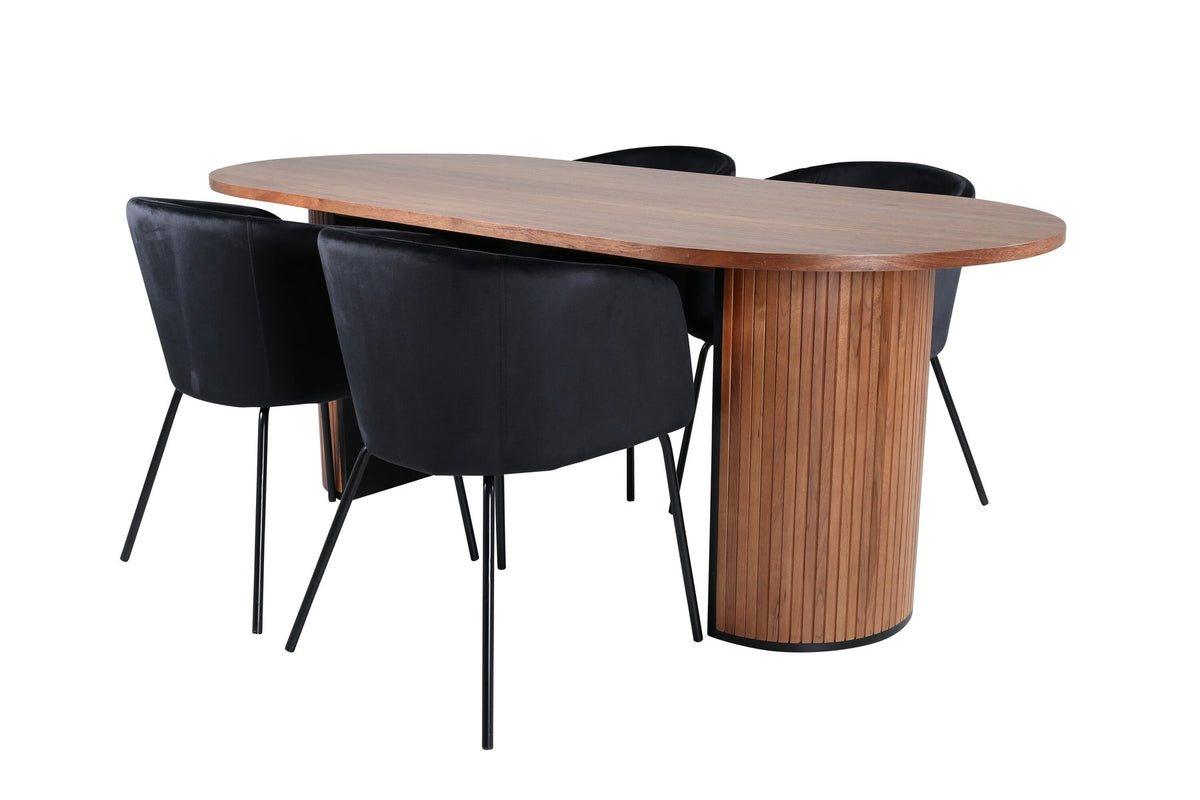 Ovaler Esstisch aus Nussbaum-MDF mit Furnier und vier schwarzen Esszimmerstühlen mit Samtsitz und schmalen Eisenbeinen von Venture Home.