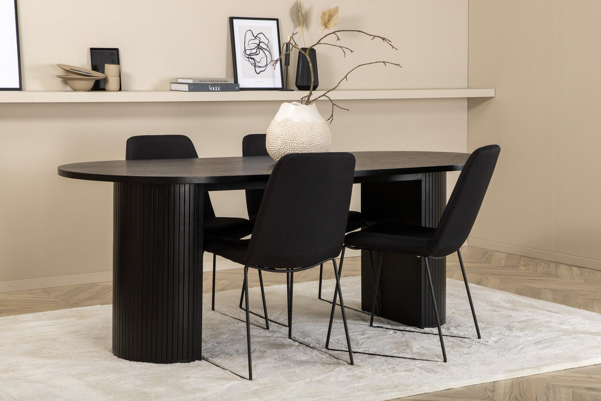 Schwarzes Bartischset Bianca mit vier Muce-Stühlen, Tischplatte aus MDF mit Furnier, Stuhlbeine aus schwarzem Metall, Sitz aus Polyester.