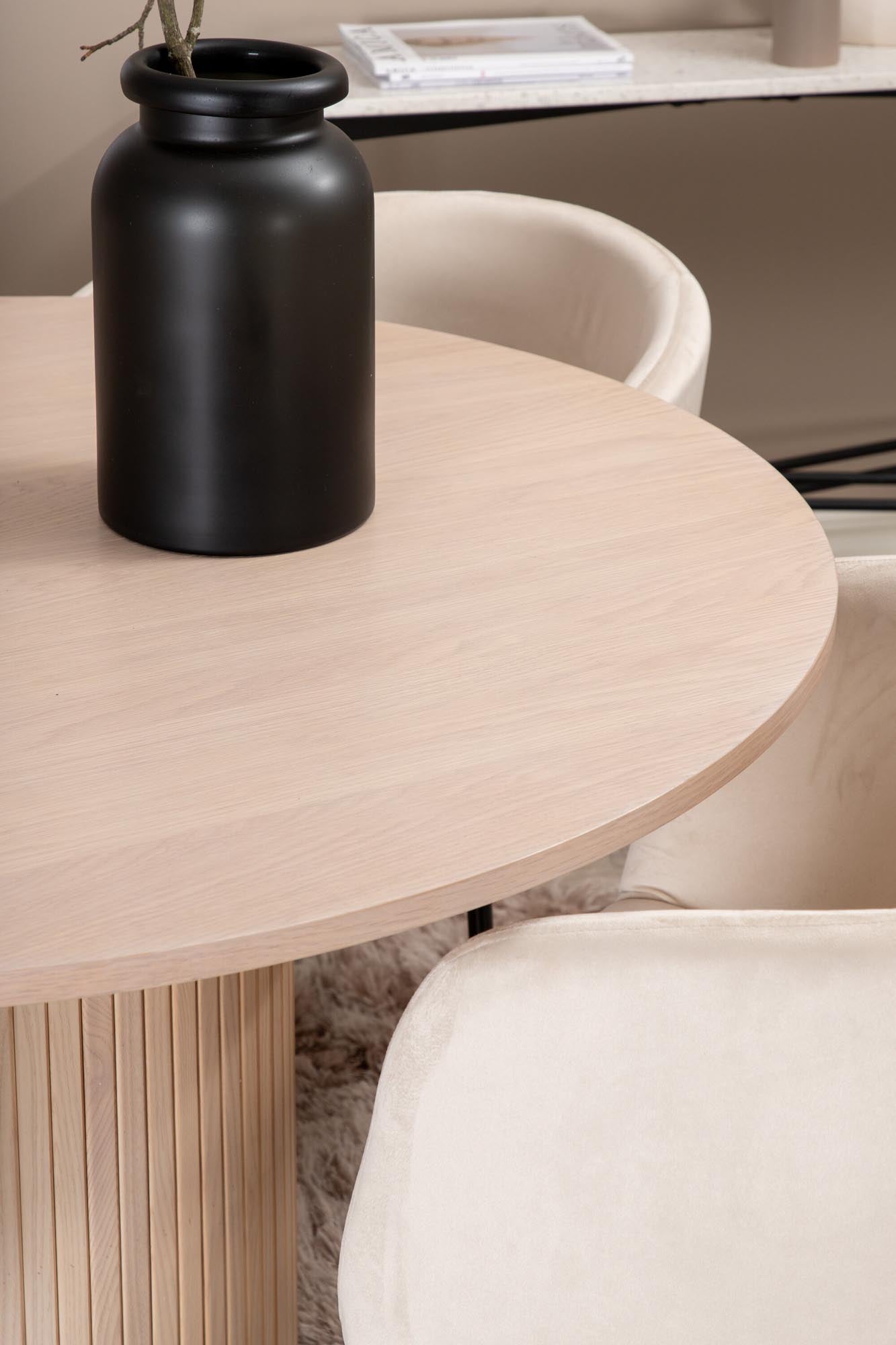 Bianca Esszimmerset: Eleganter runder Tisch mit 4 luxuriösen Samt-Stühlen, perfekt für gesellige Abende und stilvolle Dinner.