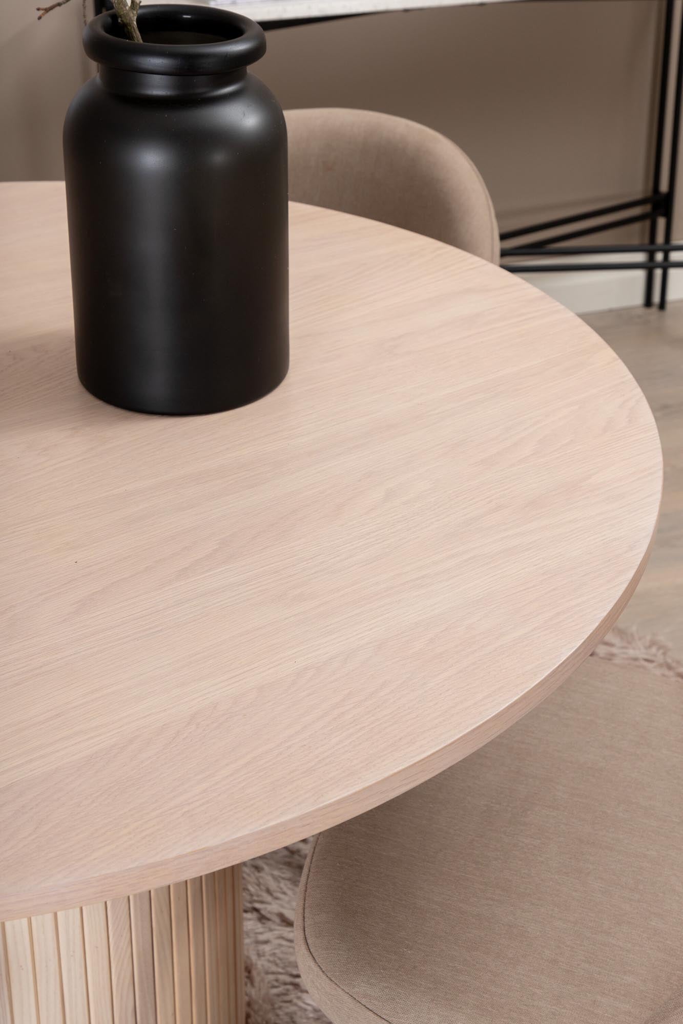 Bianca Esszimmerset: Eleganter runder Tisch mit 4 stilvollen Stühlen aus pflegeleichtem Polyester-Leinen. Perfekt für gesellige Momente und zeitlose Einrichtung.