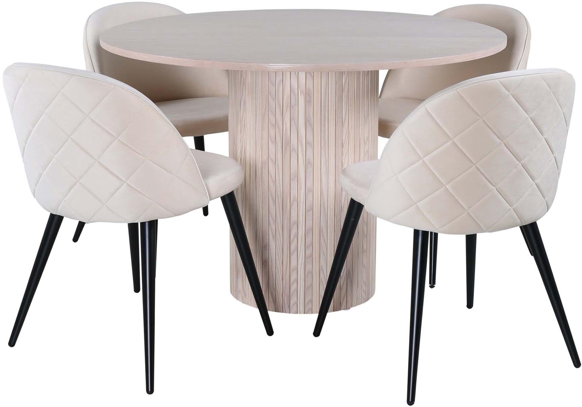 Bianca Esszimmerset: Eleganter runder Tisch mit 4 stilvollen Stühlen aus pflegeleichtem Polyester-Leinen für gesellige Momente.