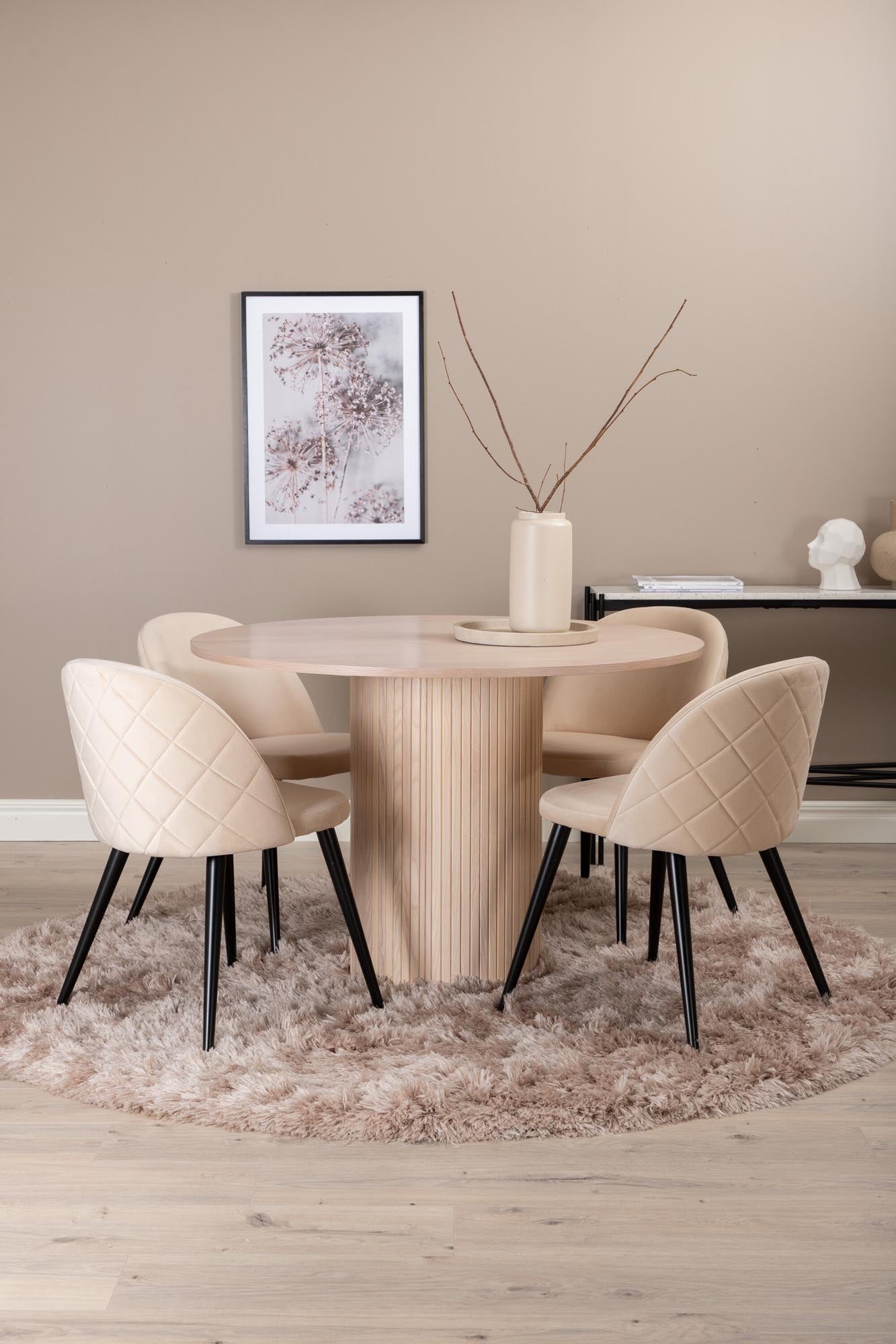 Elegantes Bianca Esszimmerset: Runder Tisch mit 4 Samtstühlen.