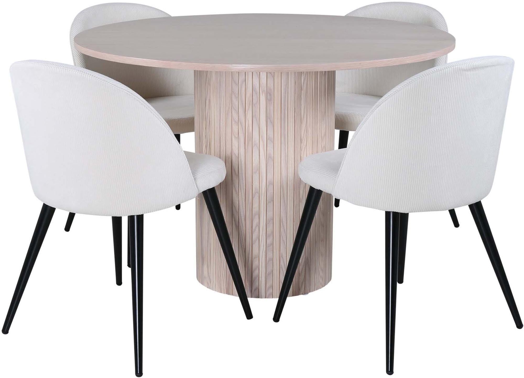 Elegantes Bianca Esszimmerset mit 110 cm Durchmesser. Bequeme Stühle aus pflegeleichtem Polyester-Leinen für gesellige Runden.