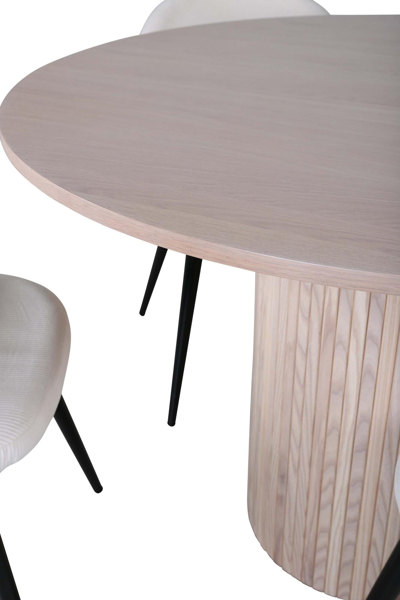 Elegantes Bianca Esszimmerset mit 110 cm Durchmesser. Bequeme Stühle aus pflegeleichtem Polyester-Leinen für gesellige Runden.