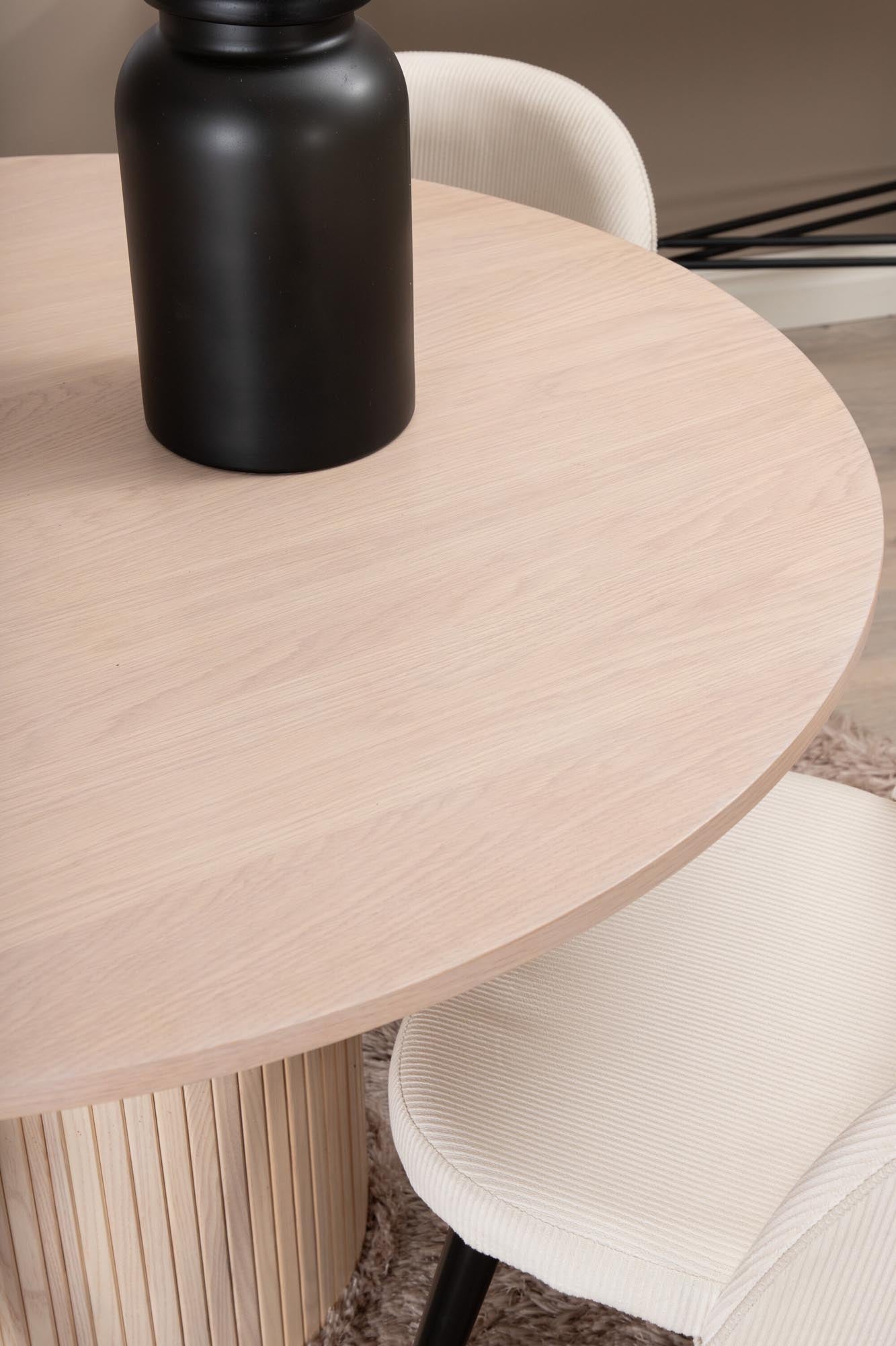 Bianca Esszimmerset: Eleganter runder Tisch mit 4 stilvollen Stühlen aus pflegeleichtem Polyester-Leinen für gesellige Momente.