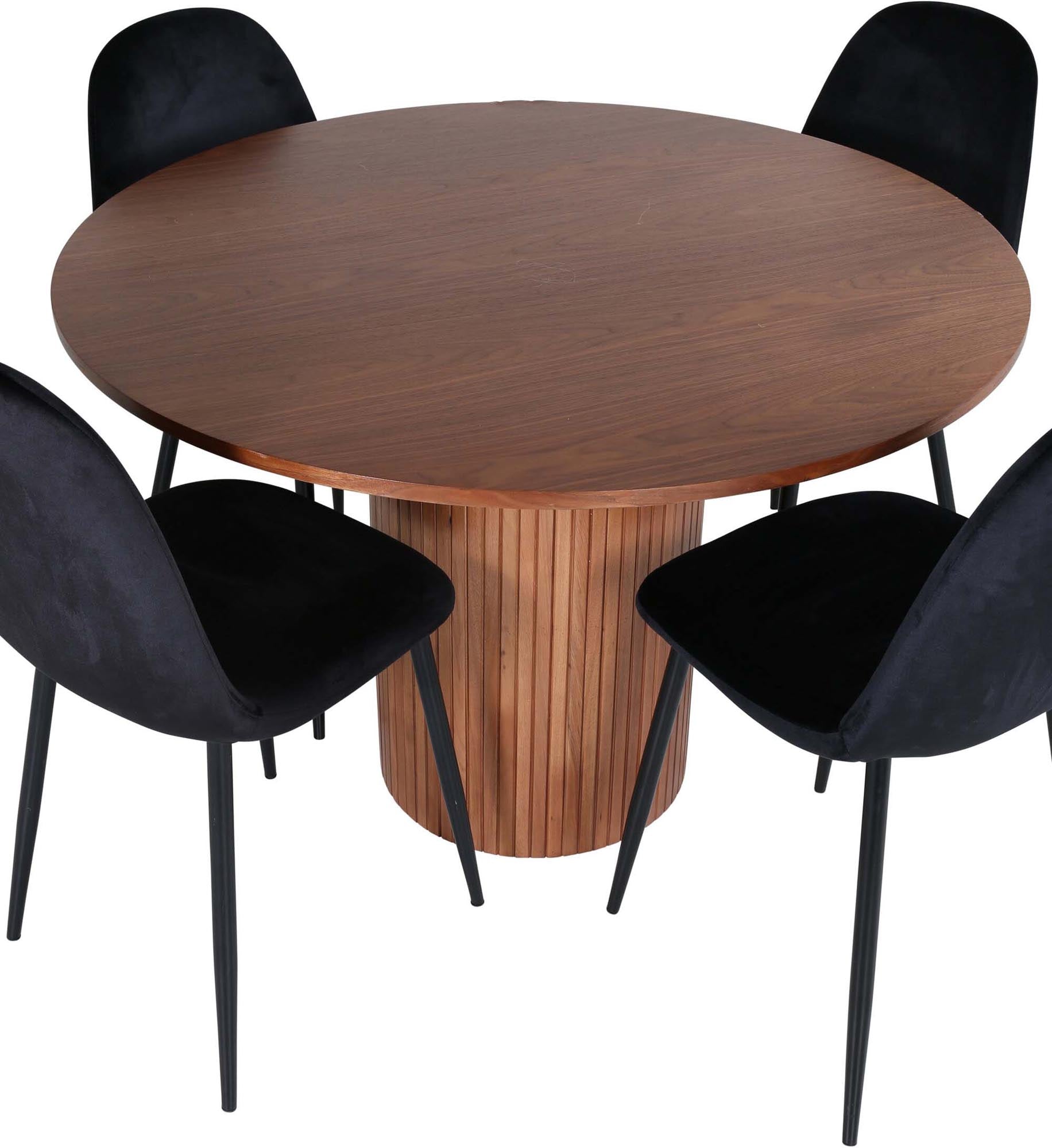 Elegantes Bianca Esszimmerset mit rundem Tisch (⌀110cm) und 4 stilvollen Samt-Stühlen. Ideal für ein modernes und einladendes Esszimmer!