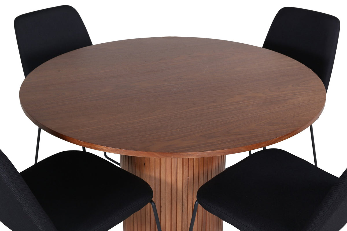Schwarzes Bartischset Bianca mit vier Muce-Stühlen, Tischplatte aus MDF mit Furnier, Stuhlbeine aus schwarzem Metall, Sitz aus Polyester.