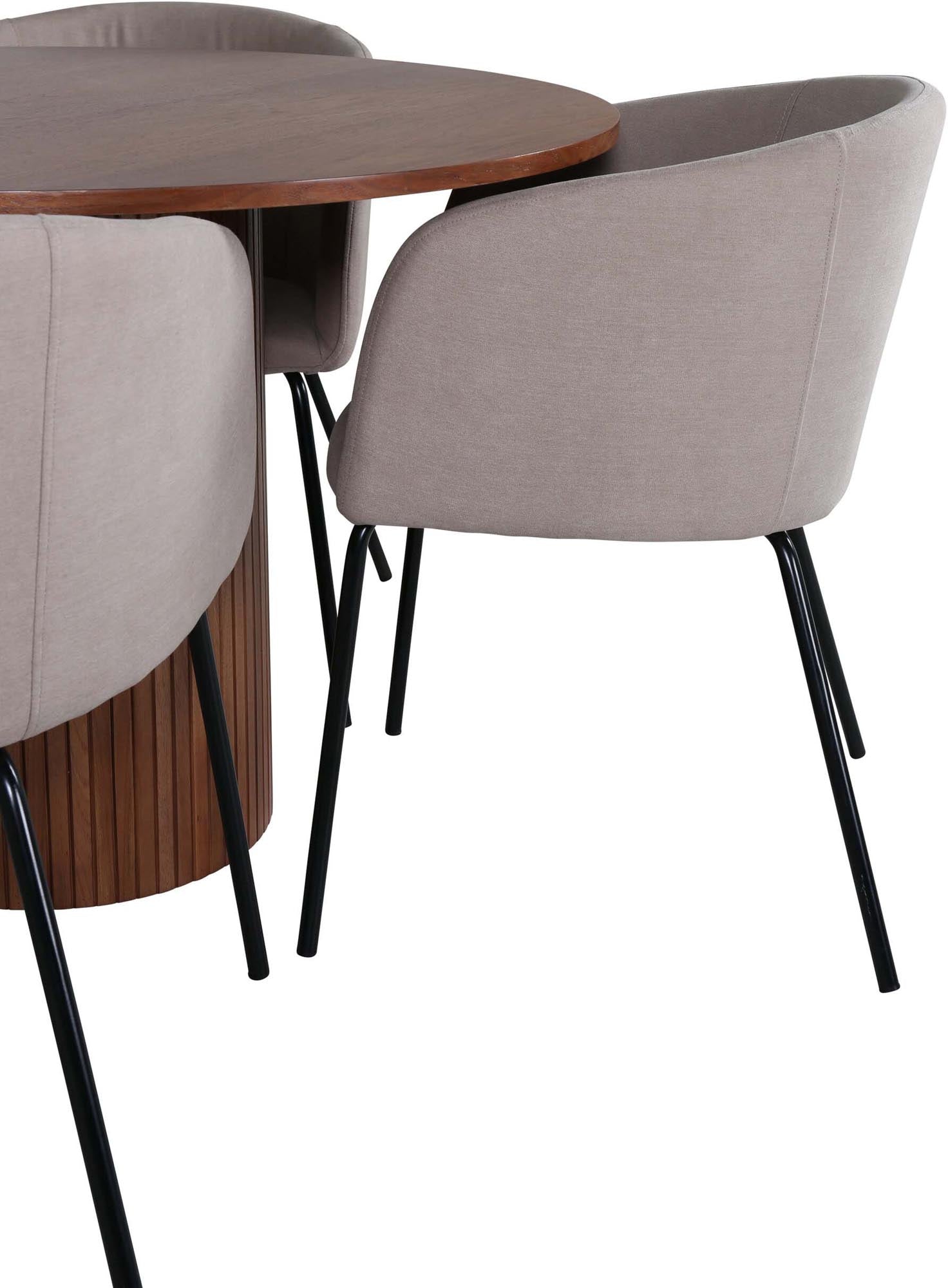 Elegantes Bianca Esszimmerset mit runder MDF-Tischplatte und 4 beigen Samtstühlen. Ideal für gesellige Abende und stilvolle Einrichtung.
