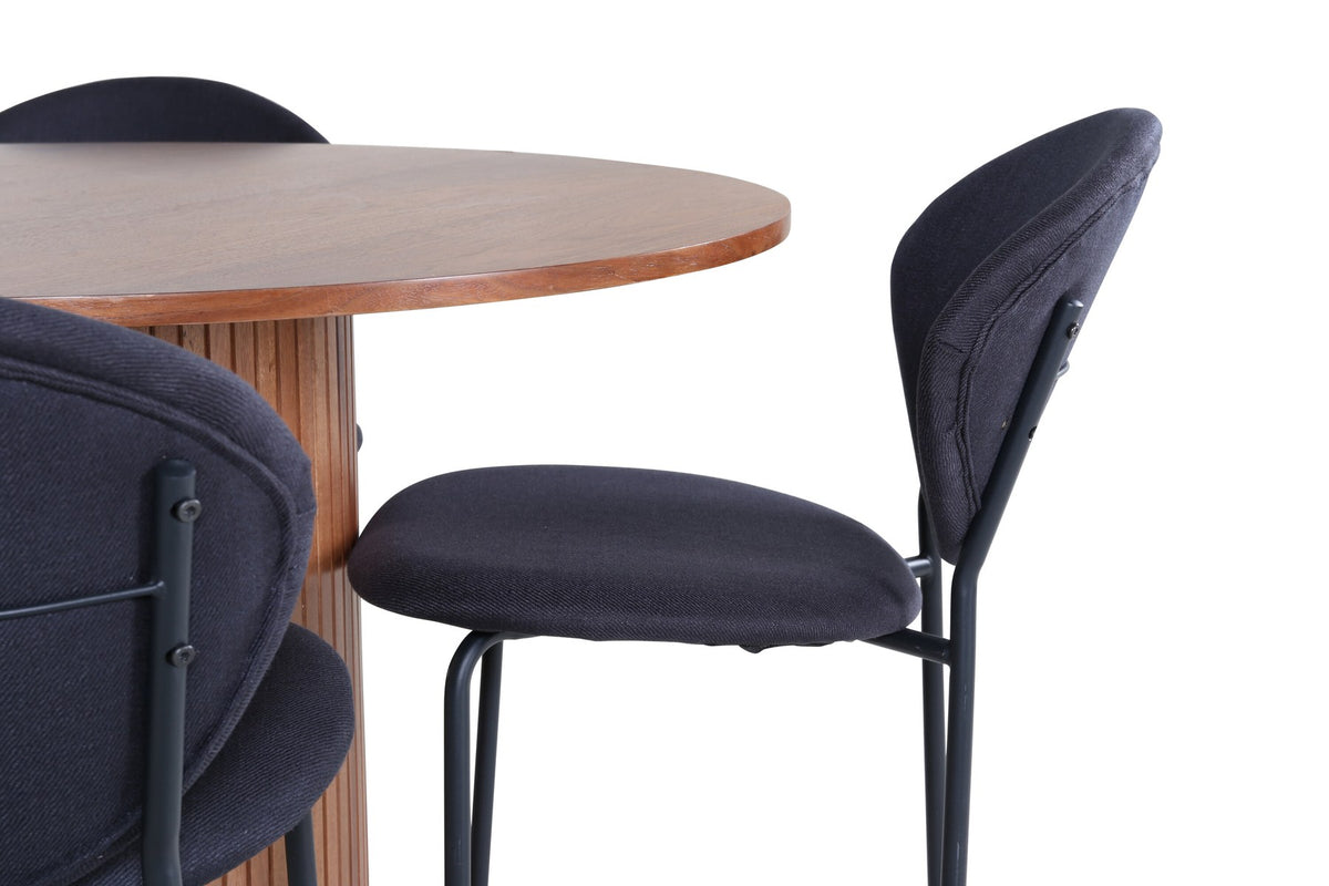 Schwarzes Bartischset Bianca mit rundem MDF-Tisch auf Stahlgestell und vier ovalen Vault-Stühlen mit Polsterkissen