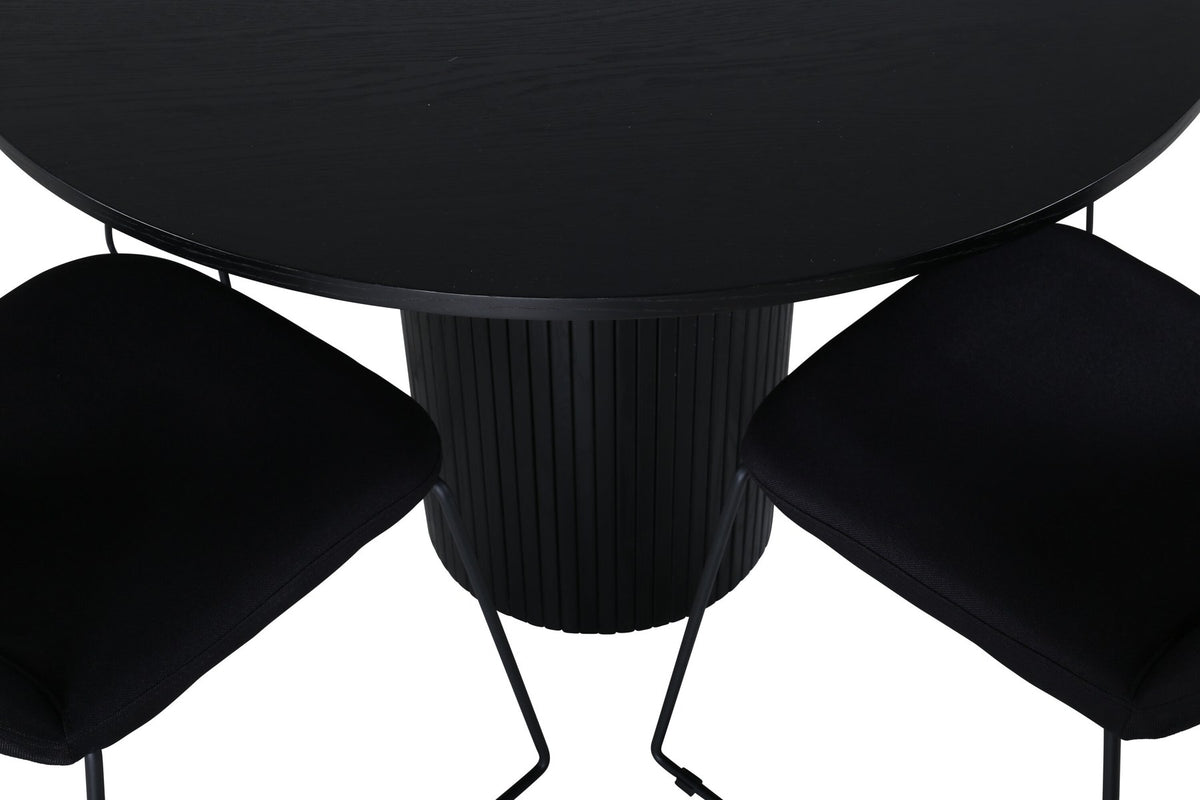 Schwarzes Bartischset Bianca mit vier Muce-Stühlen, Tischplatte aus MDF mit Furnier, Stuhlbeine aus schwarzem Metall, Sitz aus Polyester.