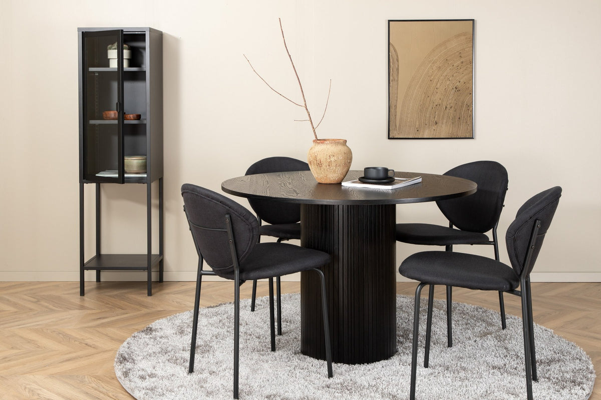 Schwarzes Bartischset Bianca mit rundem MDF-Tisch auf Stahlgestell und vier ovalen Vault-Stühlen mit Polsterkissen