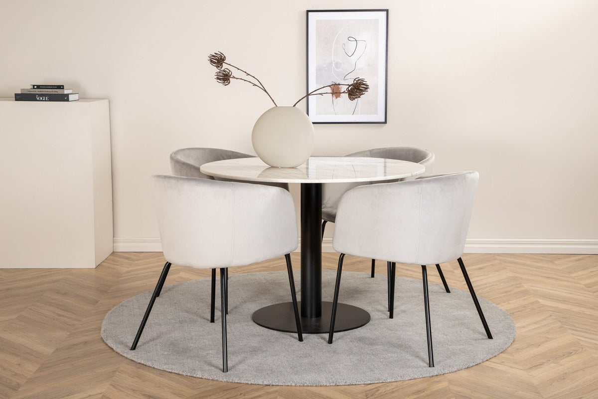 Rundes Bartischset Estelle mit weisser Tischplatte auf zylindrischem Metallgestell und zwei Stühlen Berit mit grauem Samtbezug und schwarzen Eisenbeinen.