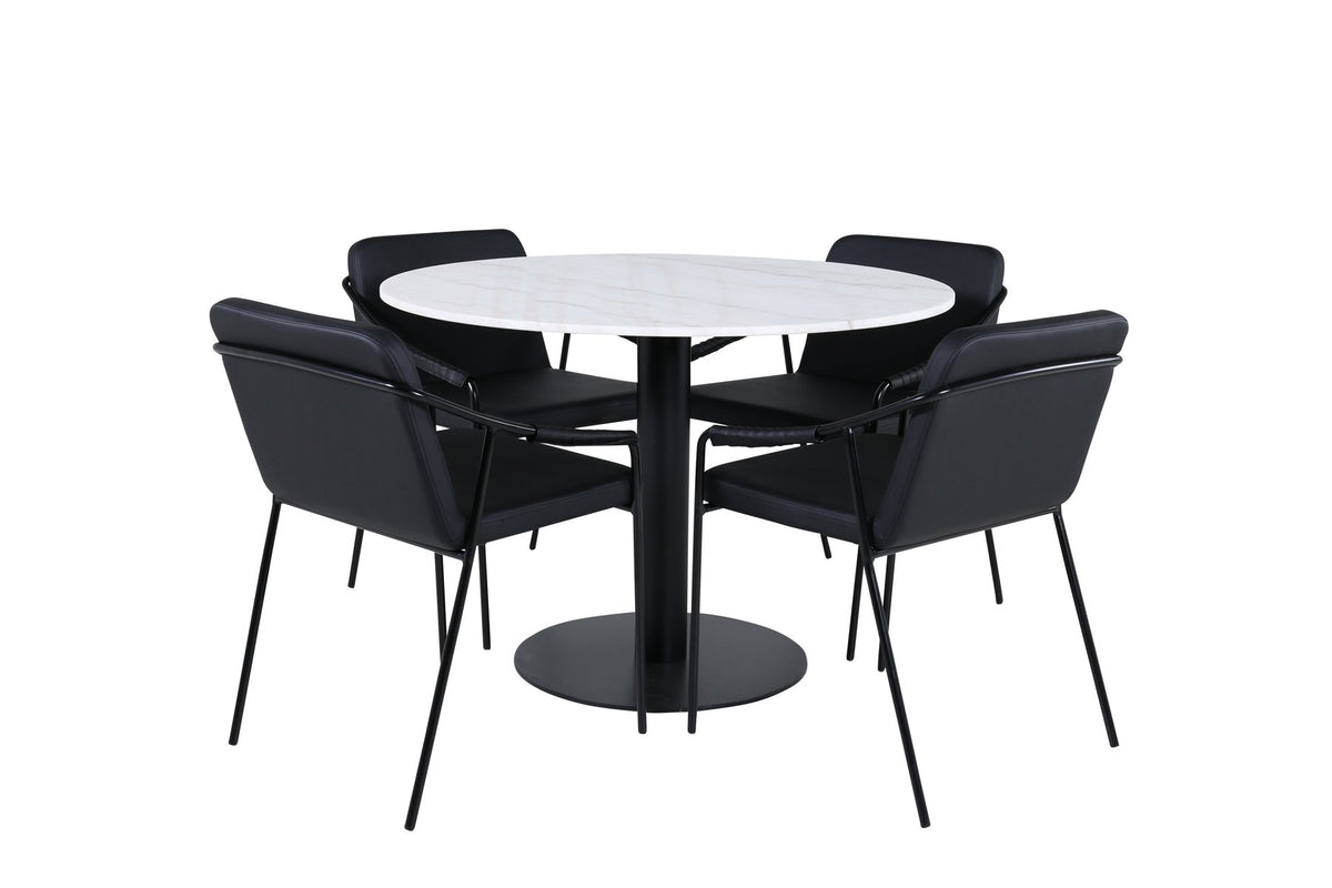 Rundes Esszimmerset mit weisser Marmor-Optik-Tischplatte ⌀106 cm und zwei schwarzen Stühlen mit Pulverbeschichtung und Eisenbeinen von Venture Home.