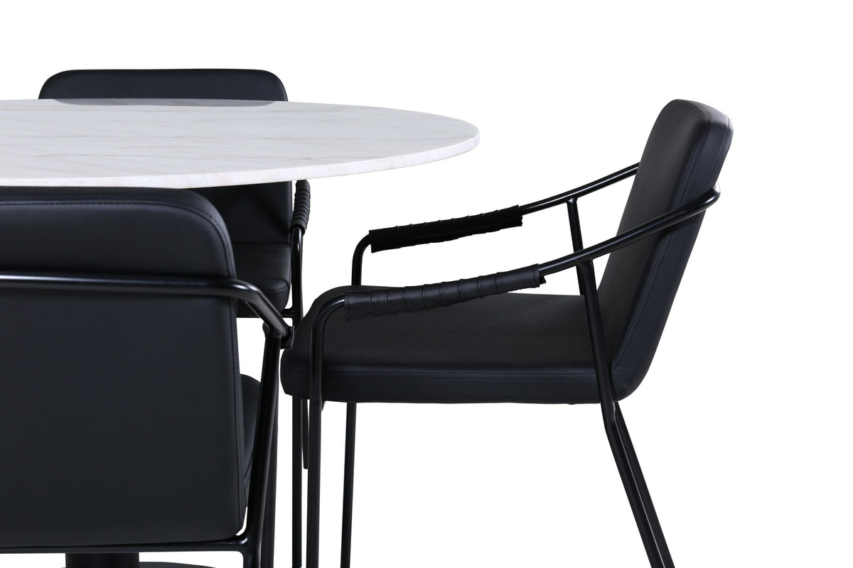 Rundes Esszimmerset mit weisser Marmor-Optik-Tischplatte ⌀106 cm und zwei schwarzen Stühlen mit Pulverbeschichtung und Eisenbeinen von Venture Home.