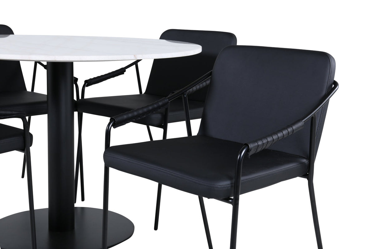 Rundes Esszimmerset mit weisser Marmor-Optik-Tischplatte ⌀106 cm und zwei schwarzen Stühlen mit Pulverbeschichtung und Eisenbeinen von Venture Home.