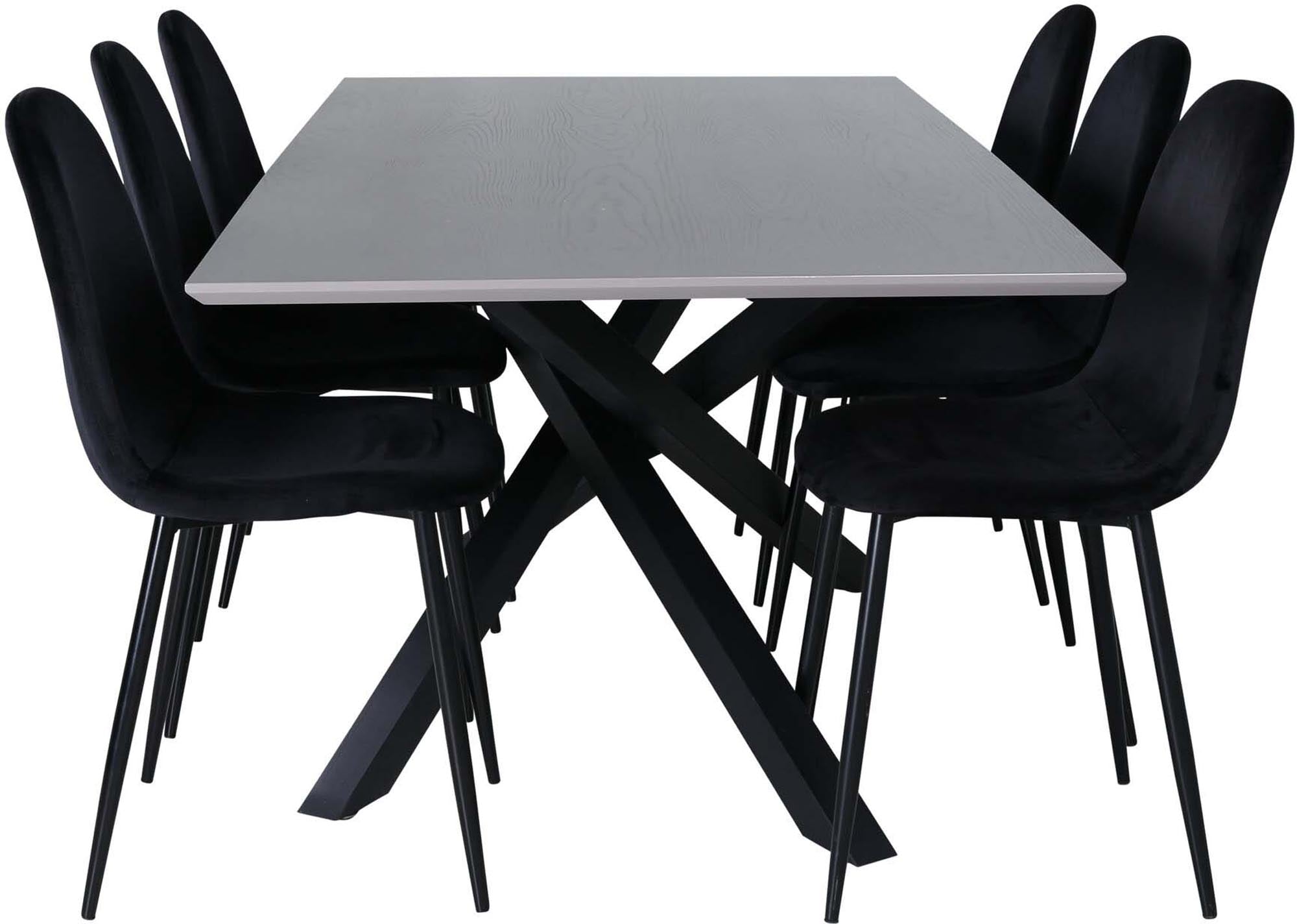 Elegantes Piazza Esszimmerset von Venture Home: Grauer MDF-Tisch mit Eisenbeinen, 6 luxuriöse Samtstühle, modernes Design.