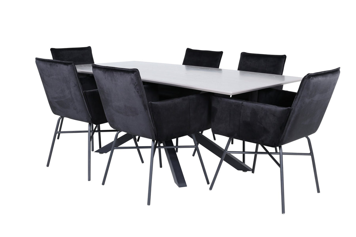 Esszimmerset mit rechteckigem Tisch, grauer MDF-Furnier-Platte, gekreuztem Stahlgestell und sechs Petra-Stühlen mit schwarzem Samtsitz.